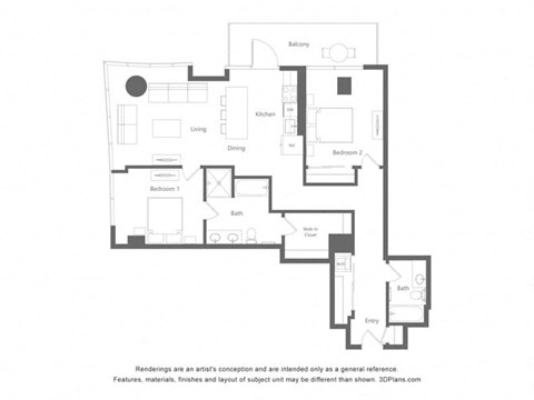 Floor plan for 2 beds, 2 baths, 1248 sqft